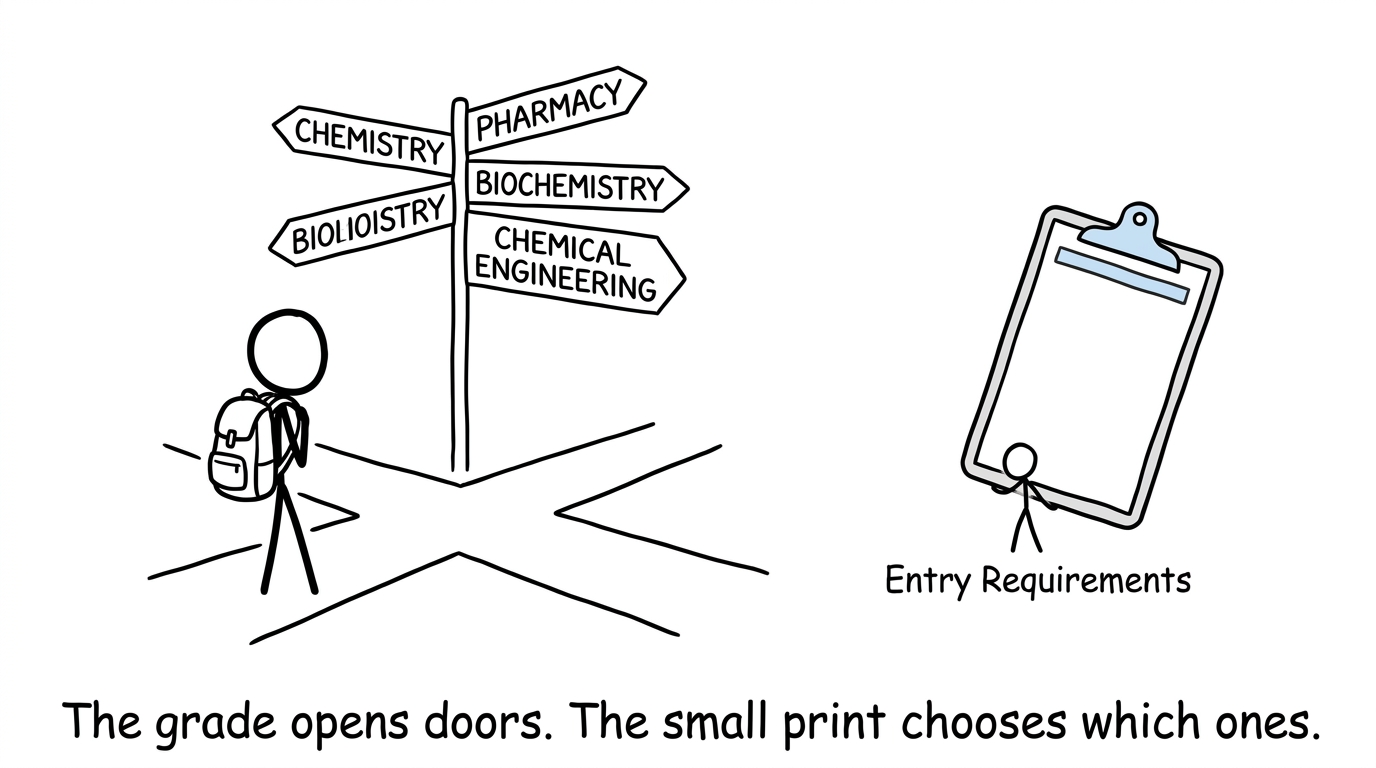 A student examines university routes while entry requirements carry a large clipboard