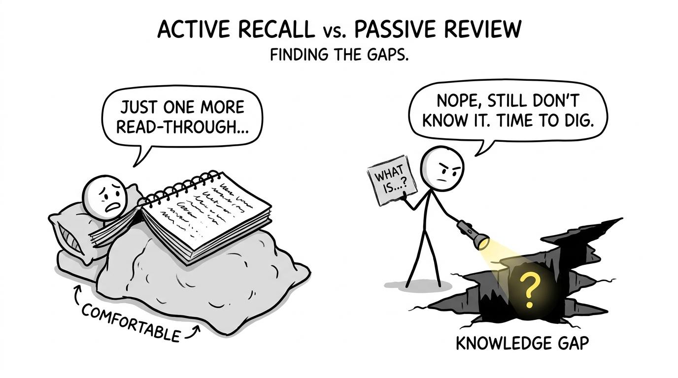 Rereading notes feels comfortable while a question exposes a hidden gap