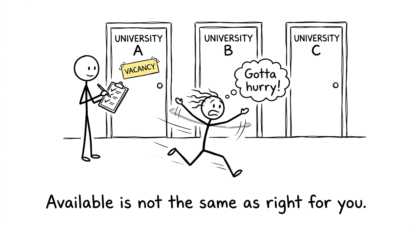 A calm student compares university doors while another rushes towards the first vacancy