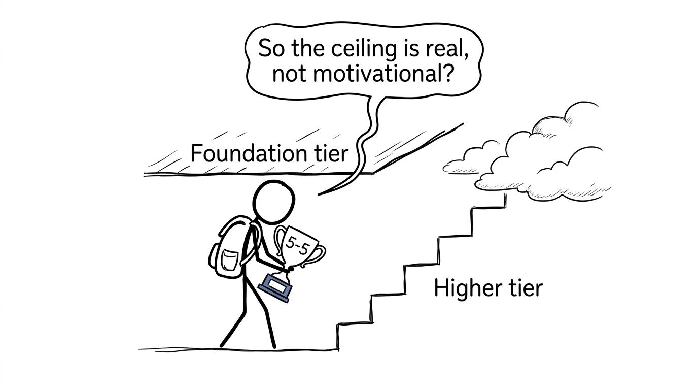 A student discovers the Foundation tier ceiling while the Higher tier staircase continues upwards