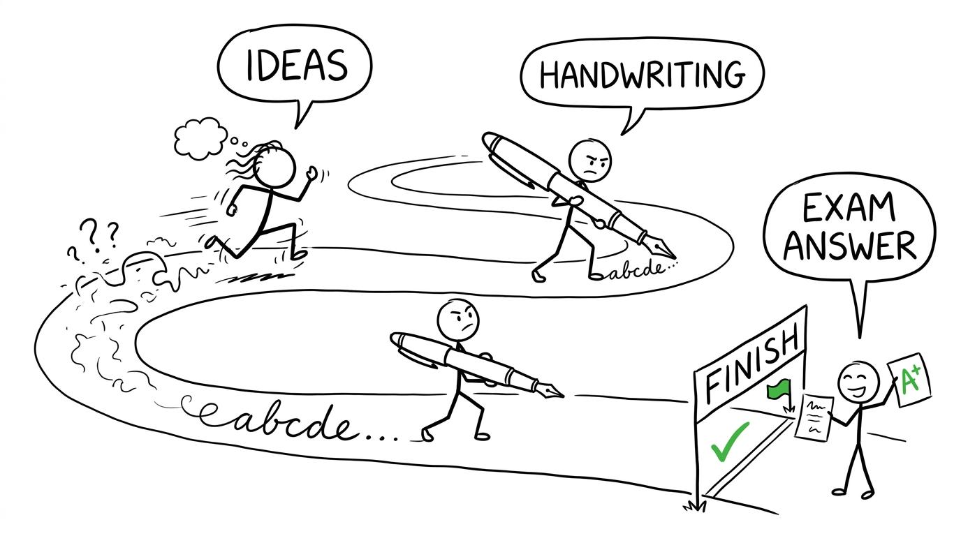 Two revision lanes for ideas and handwriting meet at the same exam-answer finish line