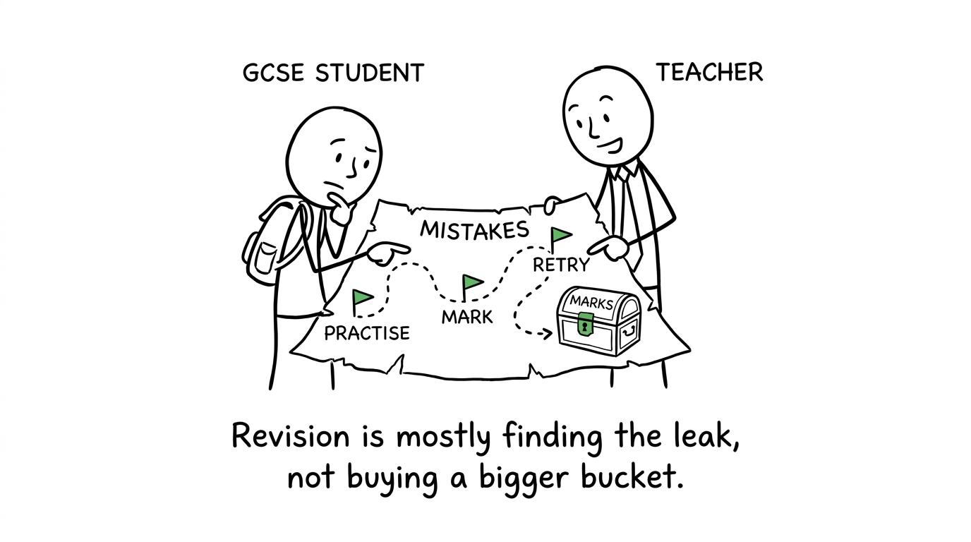 A teacher and student follow a mistake map towards recovered marks