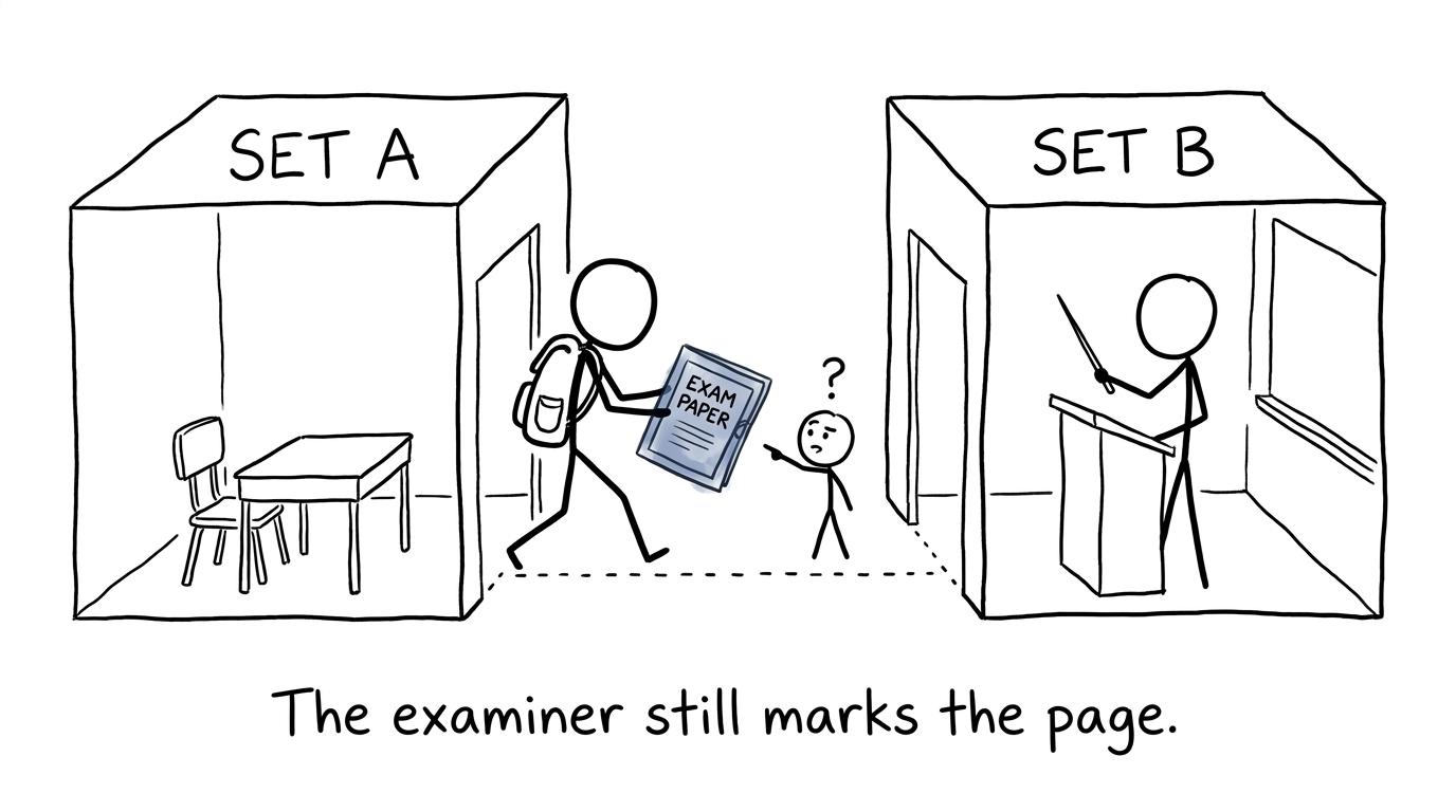 A student changes classroom while the examiner still focuses on the exam paper