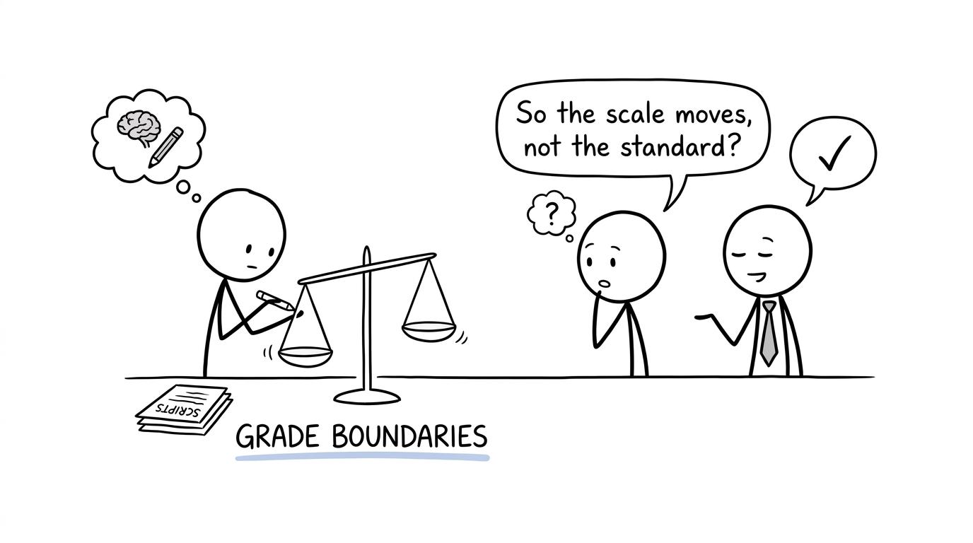 An examiner balancing grade boundaries rather than changing the standard