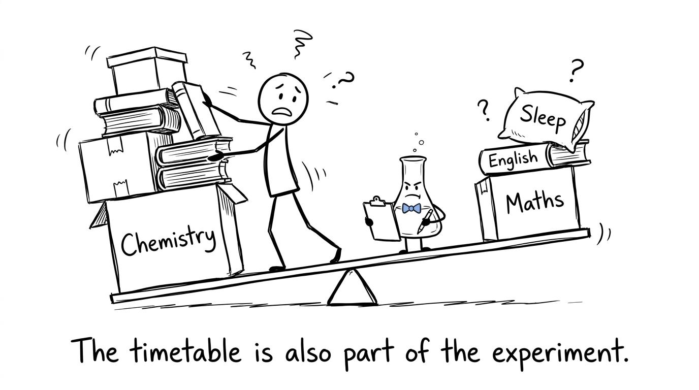 A student balancing Chemistry, Maths, English and sleep