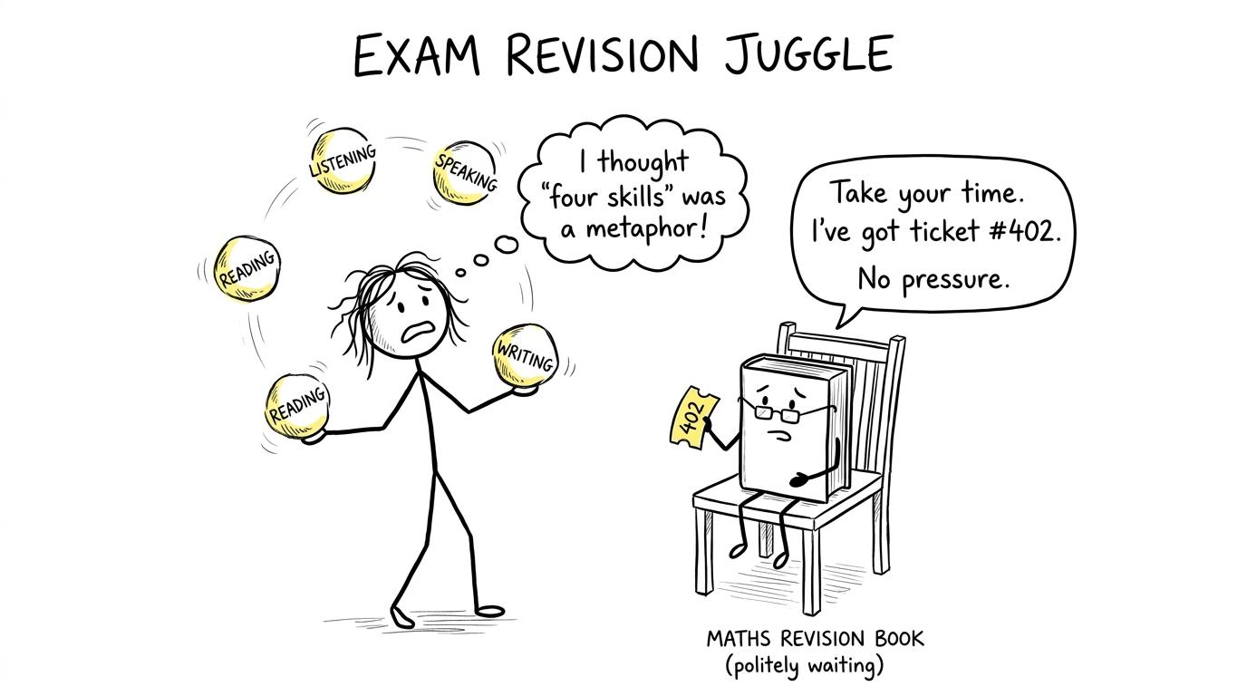 A student juggling four Arabic skills while maths waits for revision time