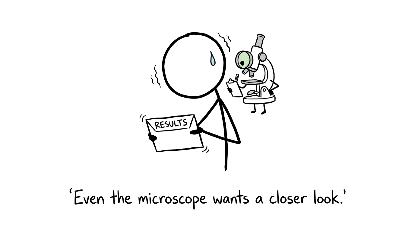 A nervous student opening a results envelope while a microscope looks on