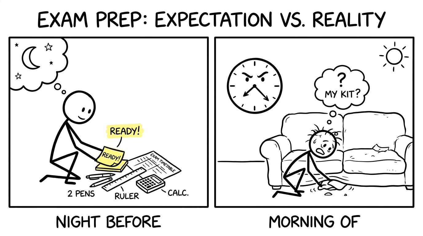 One student packs calmly at night while another searches under a sofa on exam morning