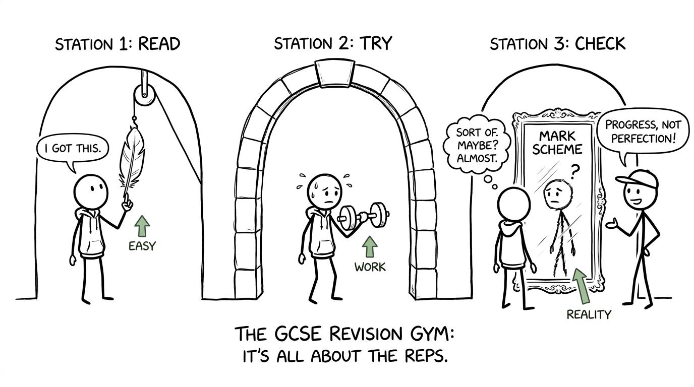 A three-part revision gym showing read, try and check