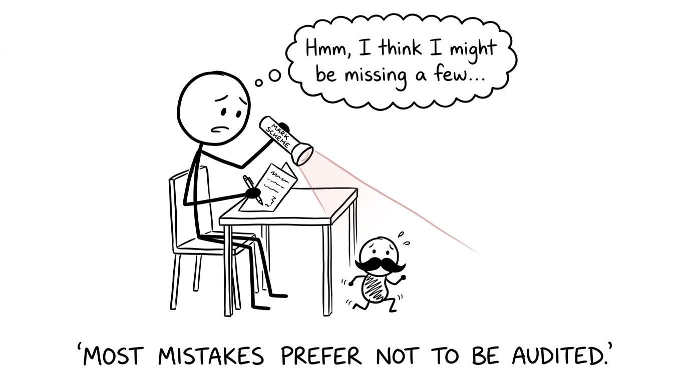A student using a mark scheme to stop a disguised mistake escaping