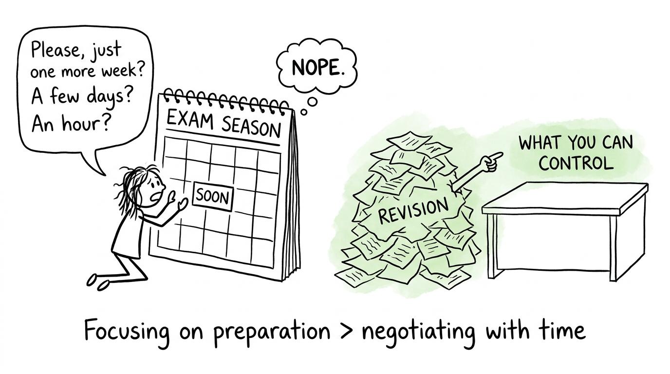 A student stops arguing with a calendar and turns towards the revision desk