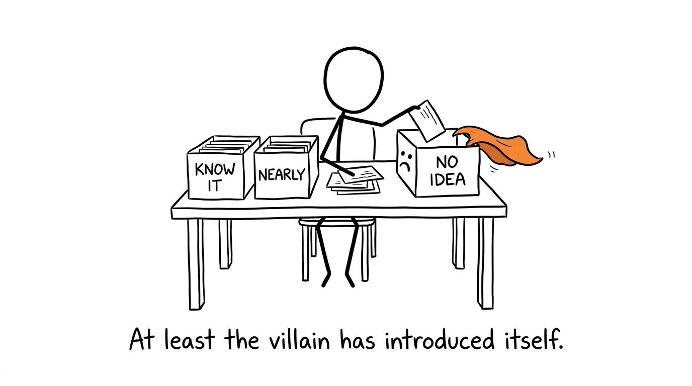 A revision card labelled no idea wears a tiny villain cape