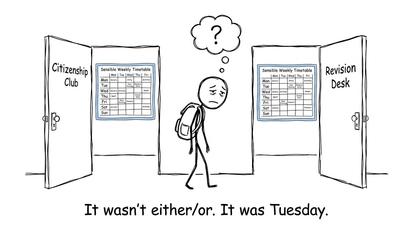 A student discovers that a club and revision can share one sensible timetable