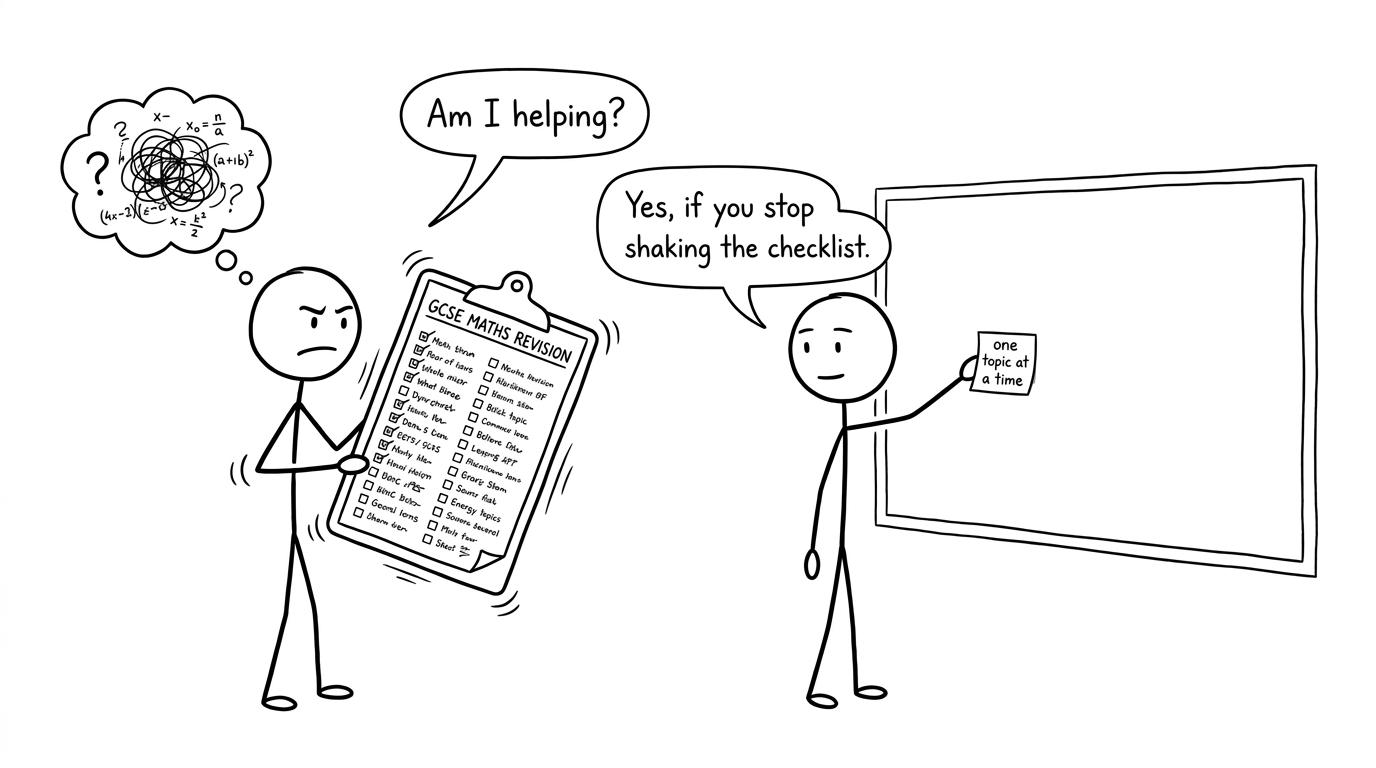 A parent shakes a giant GCSE checklist while the student moves one sticky note
