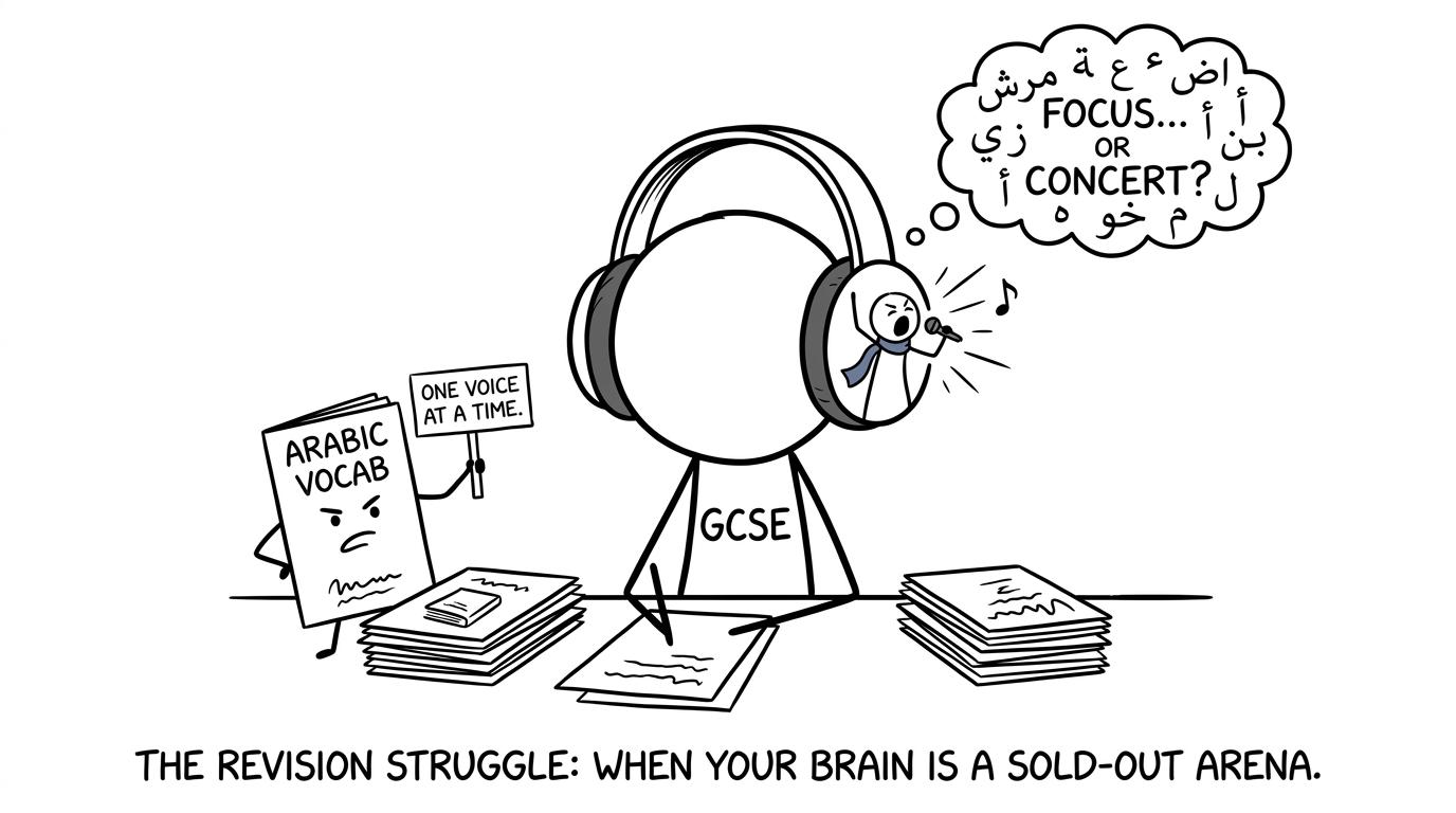 A tiny pop singer competes with GCSE Arabic flashcards for a student's attention
