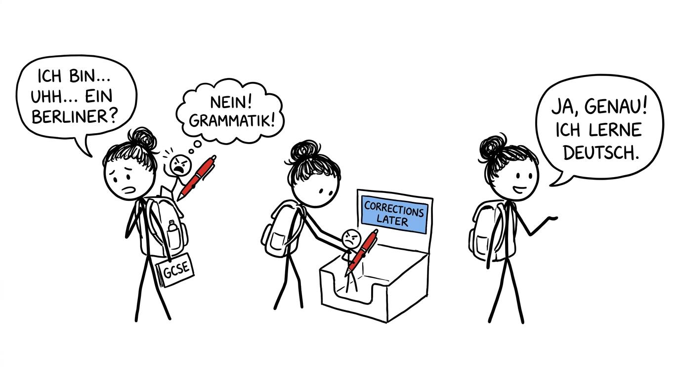 A student puts the perfectionist red pen aside and continues speaking German