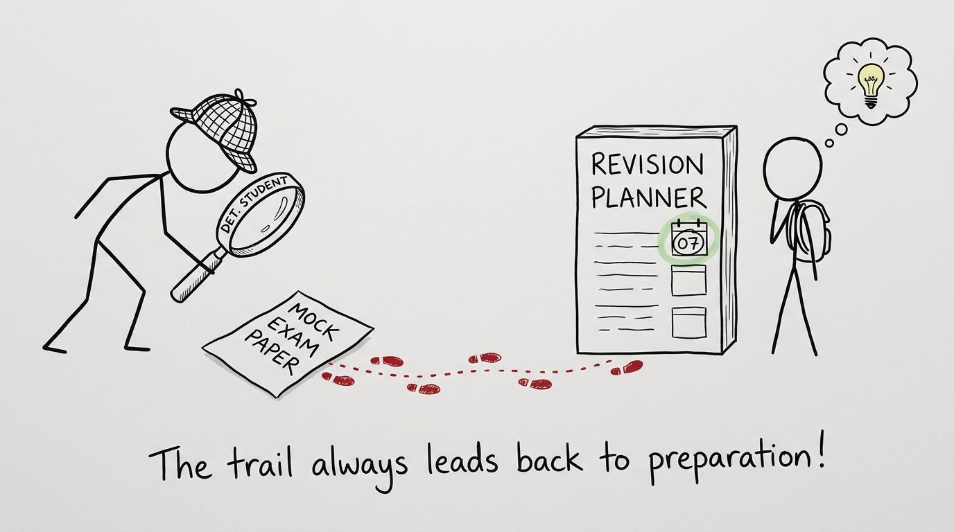A student detective follows red-pen clues towards a revision planner