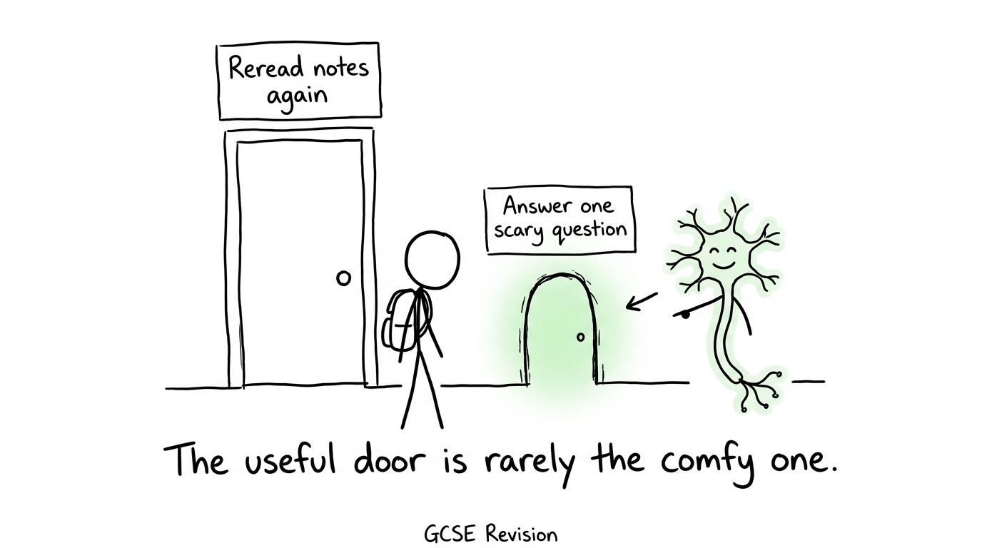 A student choosing between rereading notes and answering a challenging question