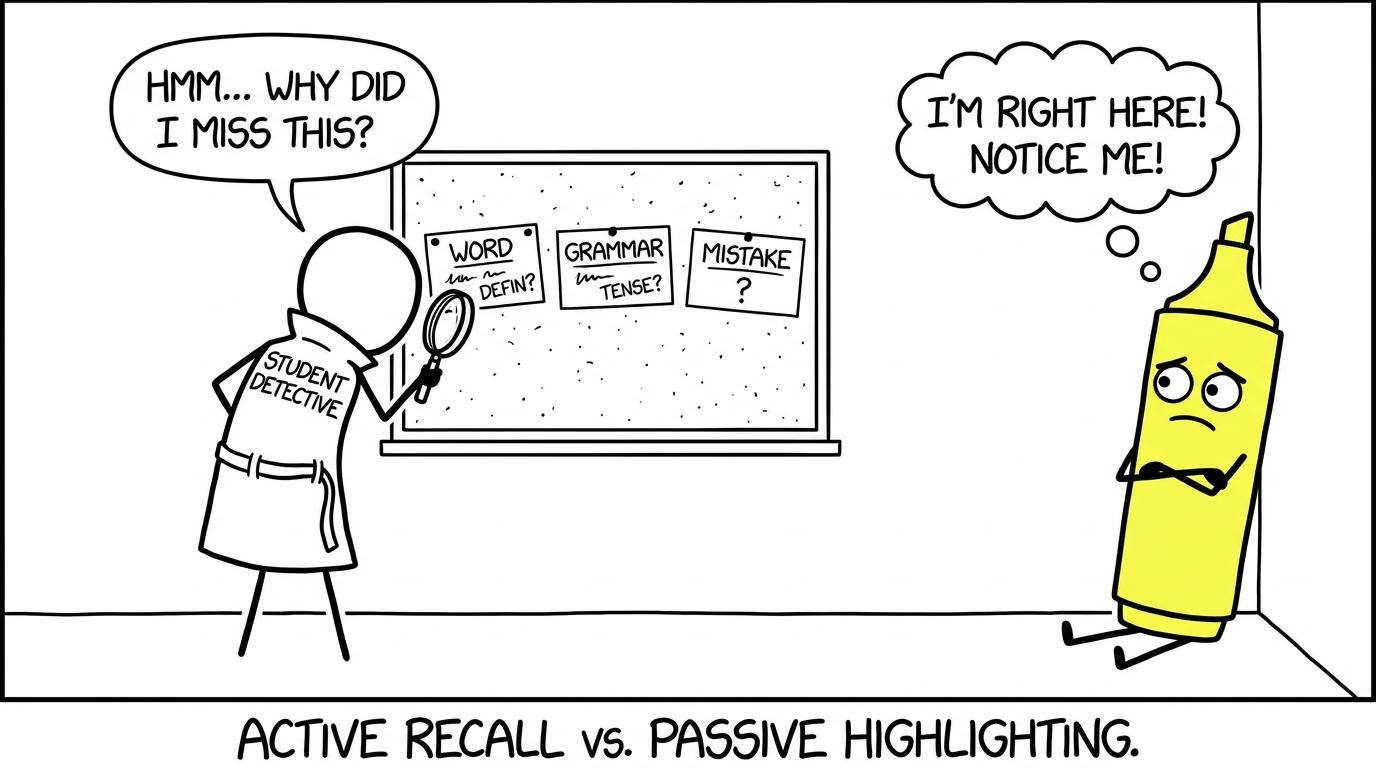 A revision detective studies useful clues while an abandoned highlighter looks offended