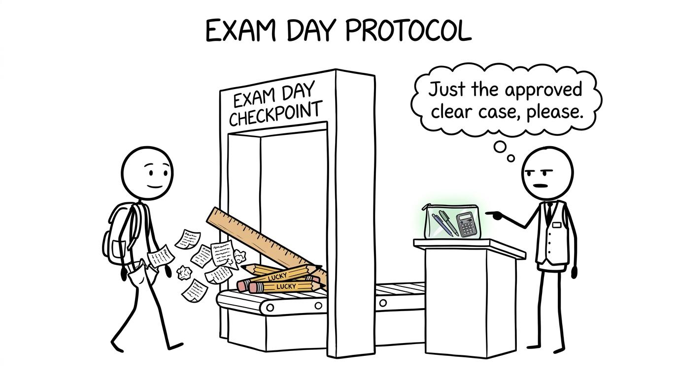 A private candidate passes through a comically serious exam-day checkpoint