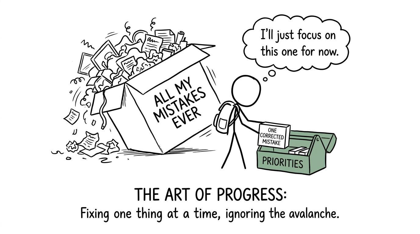 A student choosing one useful correction while a huge box of unsorted mistakes collapses nearby