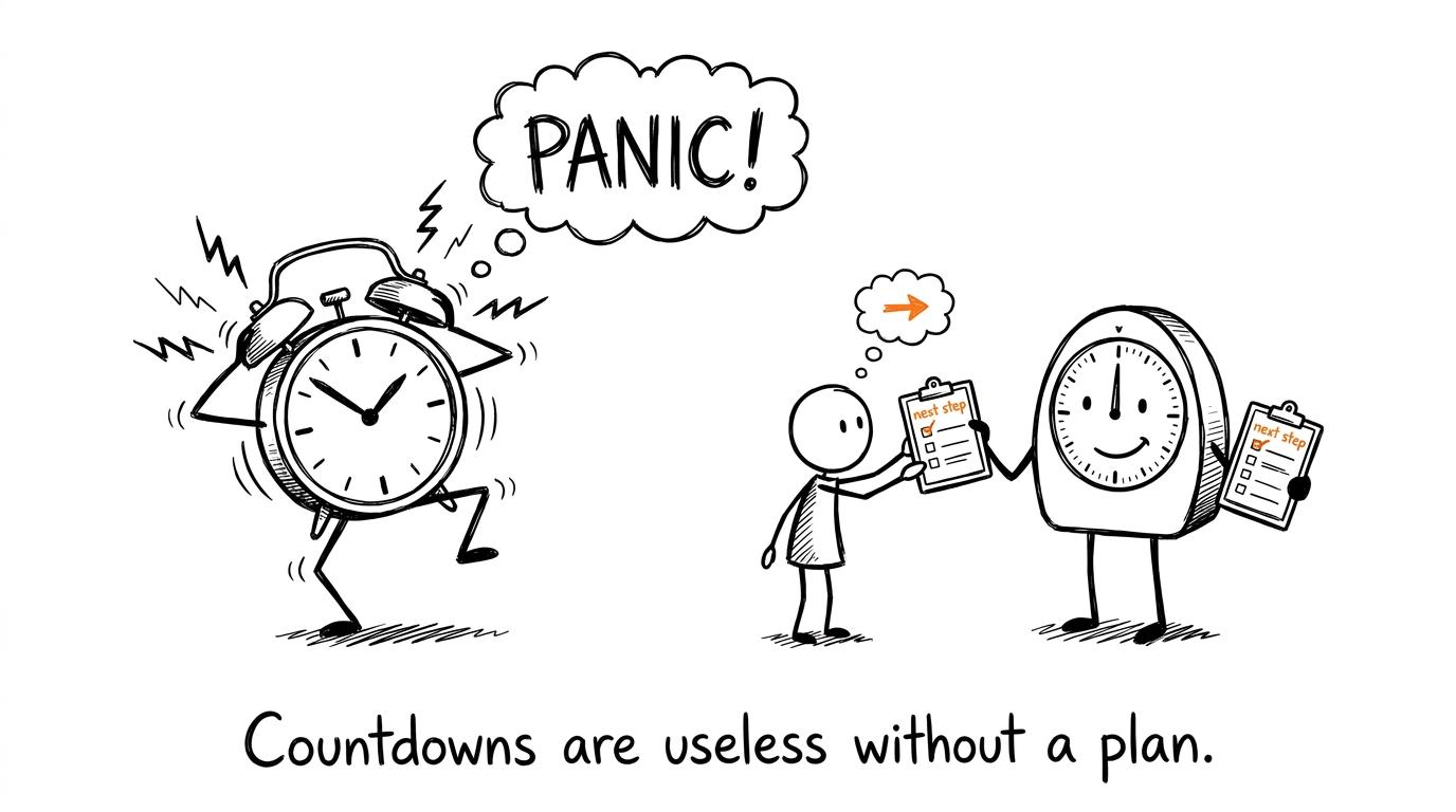 A student chooses a calm checklist while an alarm clock shouts about panic