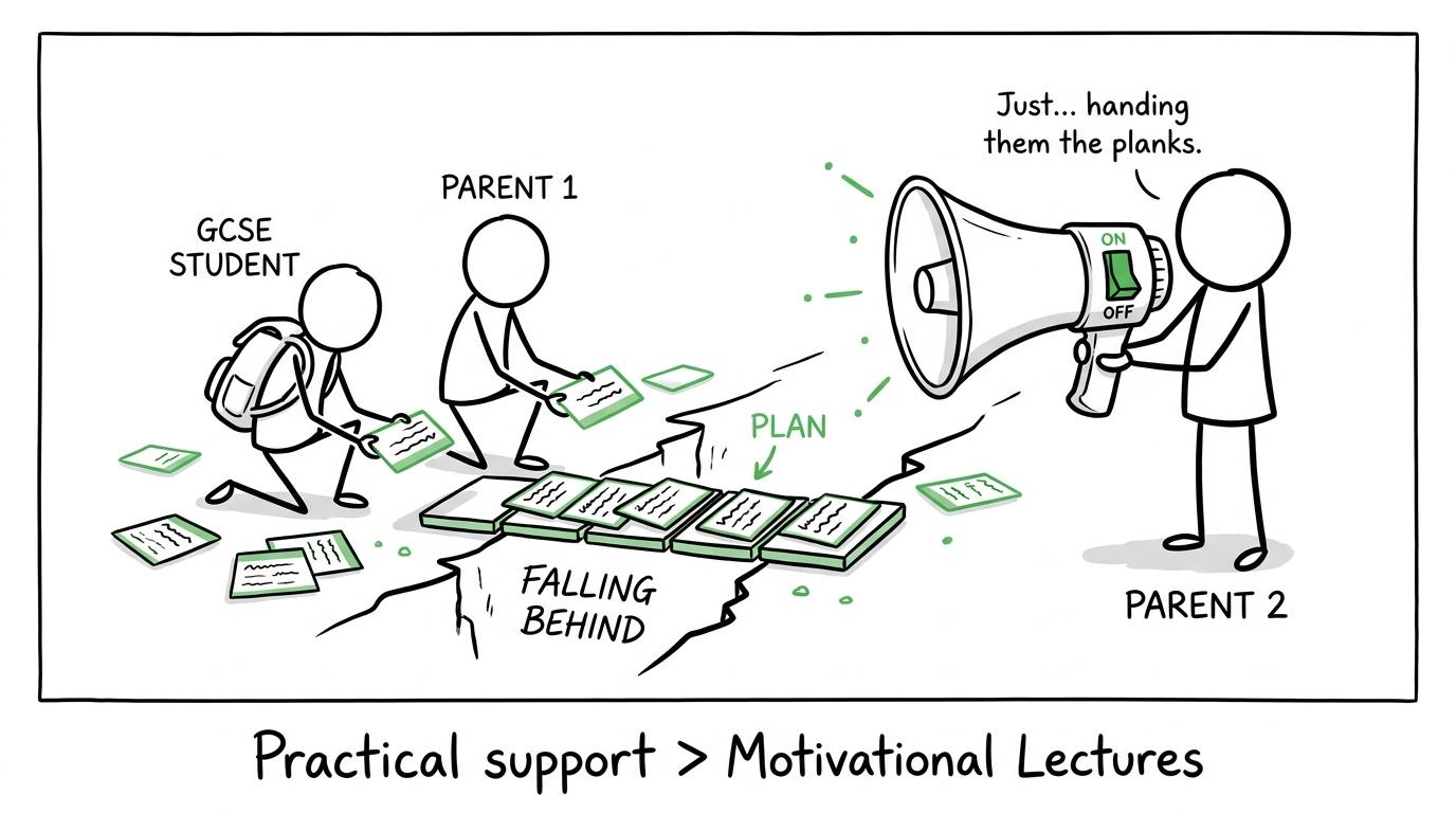 A student and parent build a practical revision bridge while the motivational megaphone stays switched off