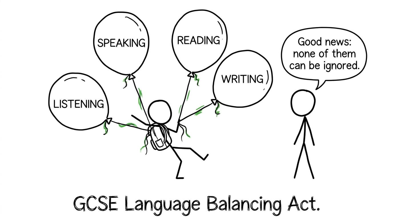 A student attempts to balance four equally important language skills