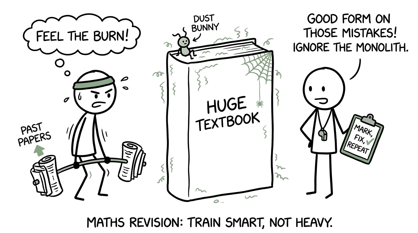 A student training with past papers while an enormous textbook gathers dust