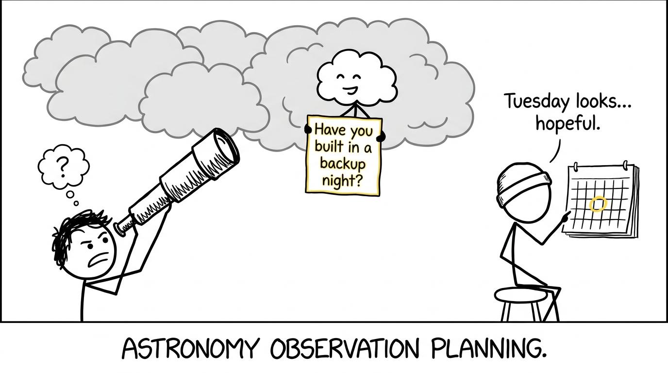 A cloud asks whether the student planned a backup observation night