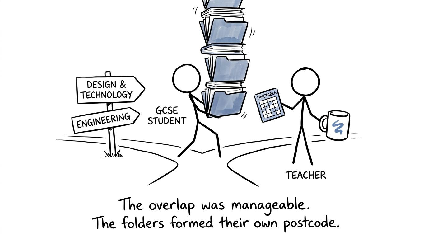 A student attempts to follow both technical GCSE paths while carrying a tower of project folders