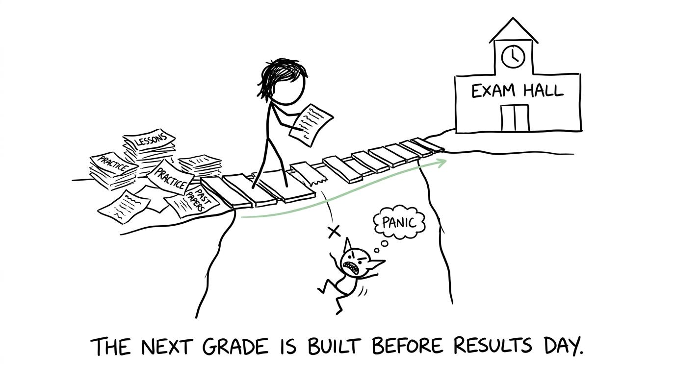 A student building a revision bridge while panic cannot cross