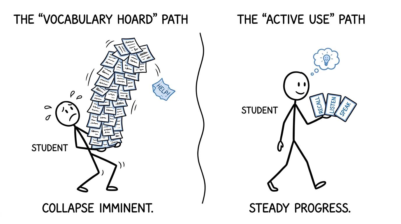 One student carries too many notes while another follows a small recall-listen-speak routine