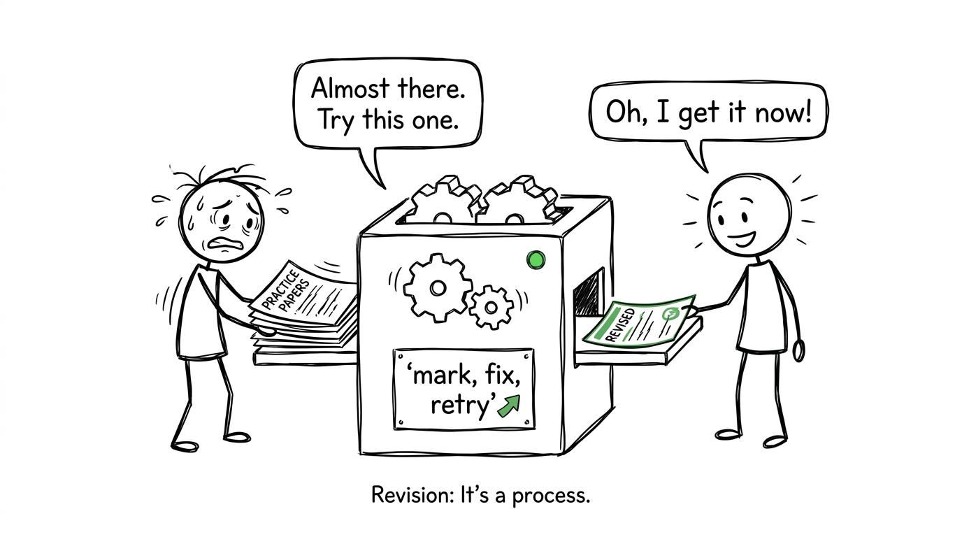 A revision machine returns a calmer student after marking and retrying