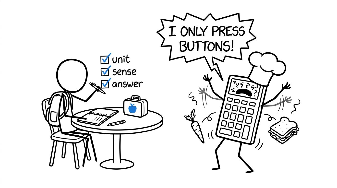 A calm student checks unit, sense and answer beside a chef-hat calculator