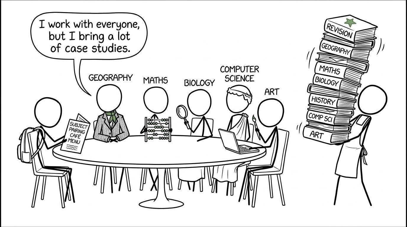 A student considers subject combinations at a Geography-themed café