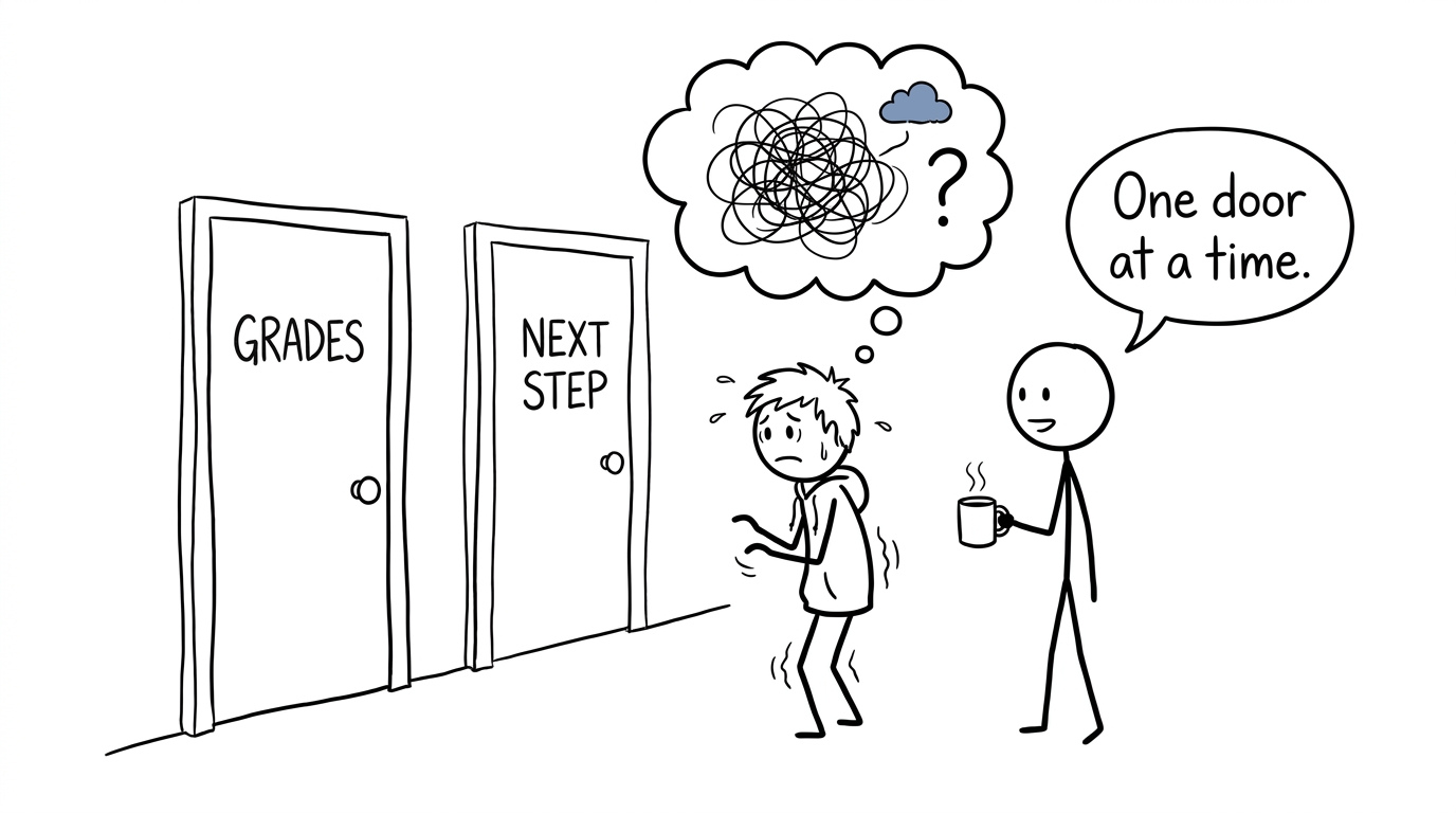 A student facing the grades door and the next-step door