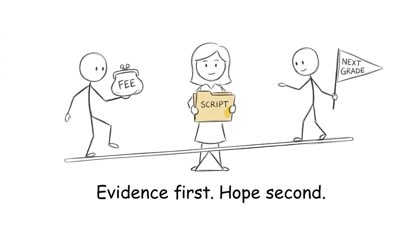 A fee and the next grade are balanced after examining the script