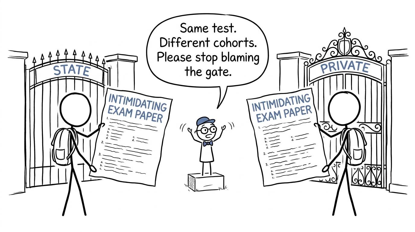 Two students at different school gates face the same examination while a statistician warns about comparing cohorts