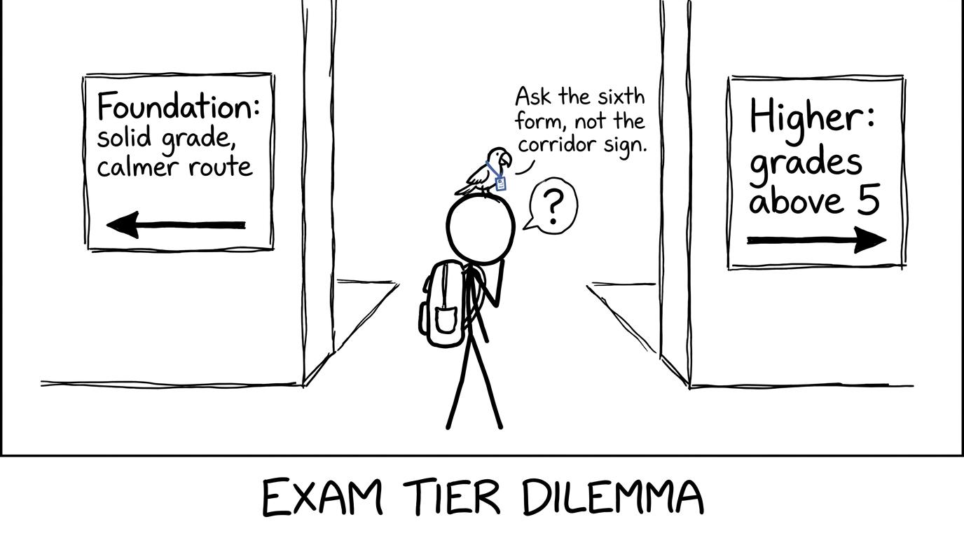 A student choosing between Foundation and Higher routes while a parrot recommends checking the actual sixth-form rules