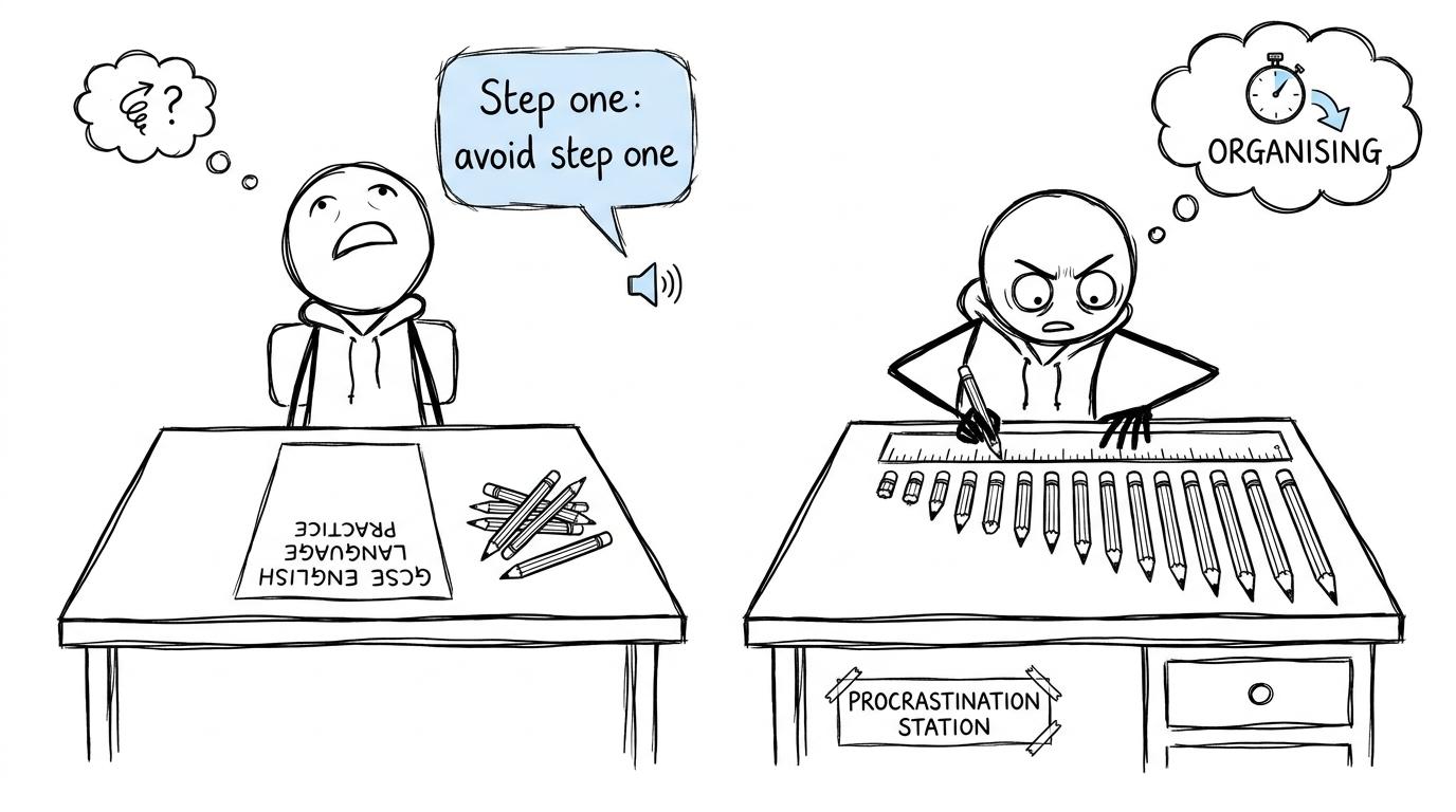 A student avoids starting English revision by arranging pencils