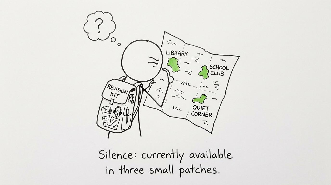 A student searches a map for small islands of silence while carrying a portable revision kit