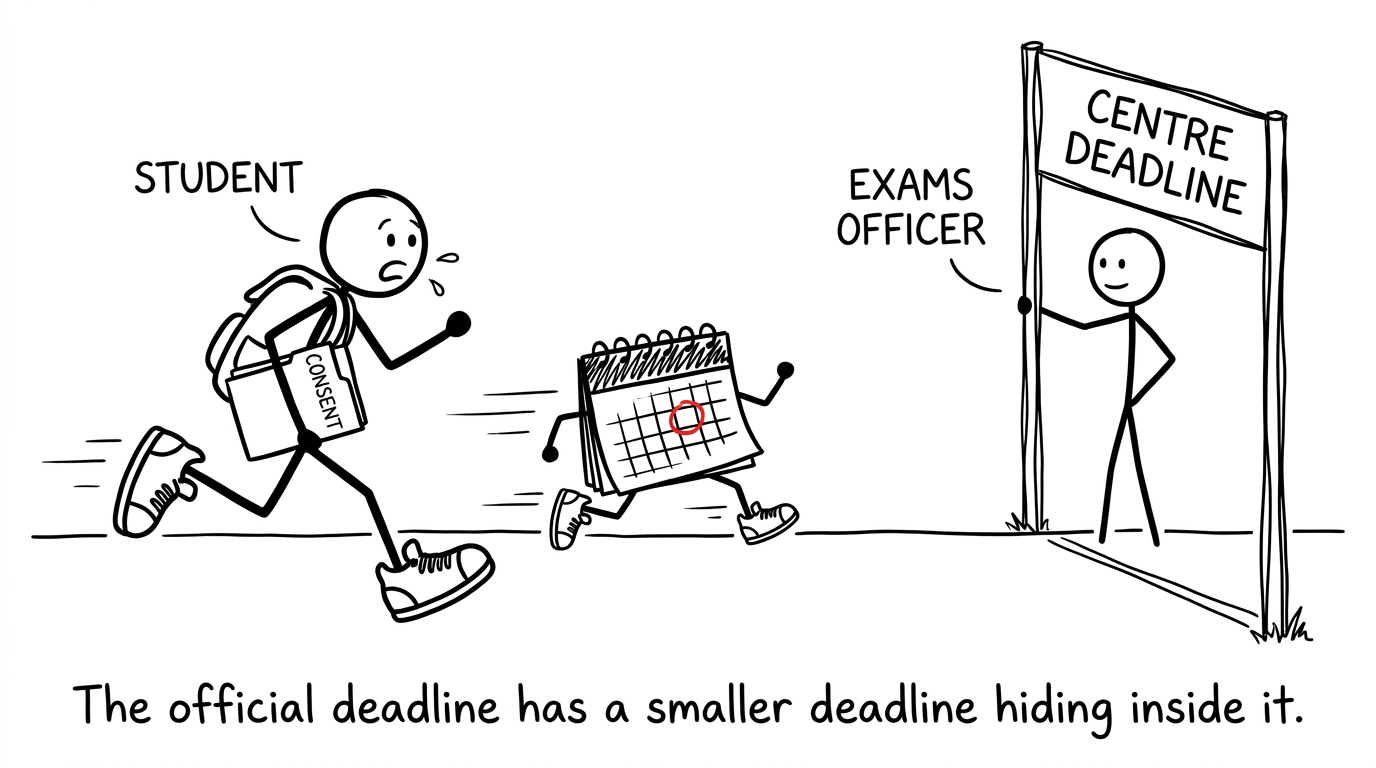 A student racing an unexpectedly early centre deadline
