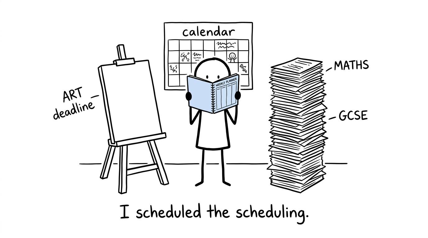 A student caught between an art deadline and a stack of maths papers uses a small planner as a shield