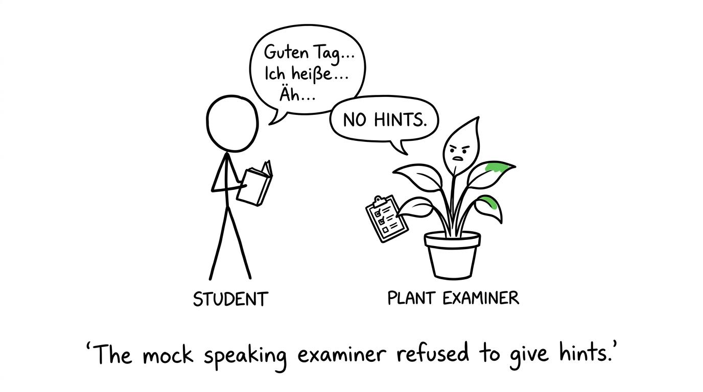 A houseplant acting as an unusually strict German speaking examiner