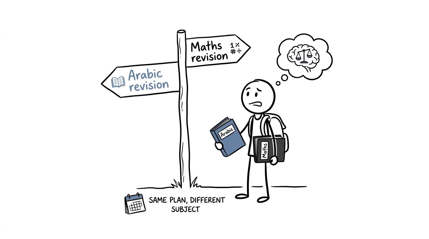 A student balancing Arabic and maths revision with two organised folders