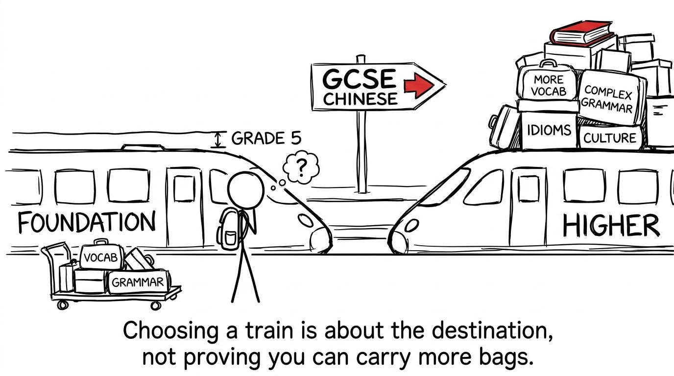 A student choosing between Foundation and Higher trains travelling towards GCSE Chinese