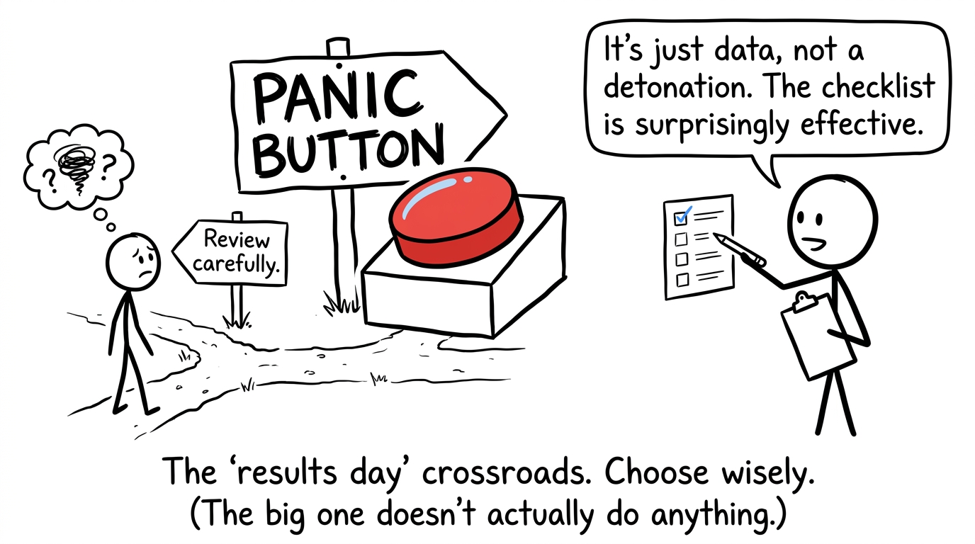 A student choosing between a calm review checklist and a giant panic button