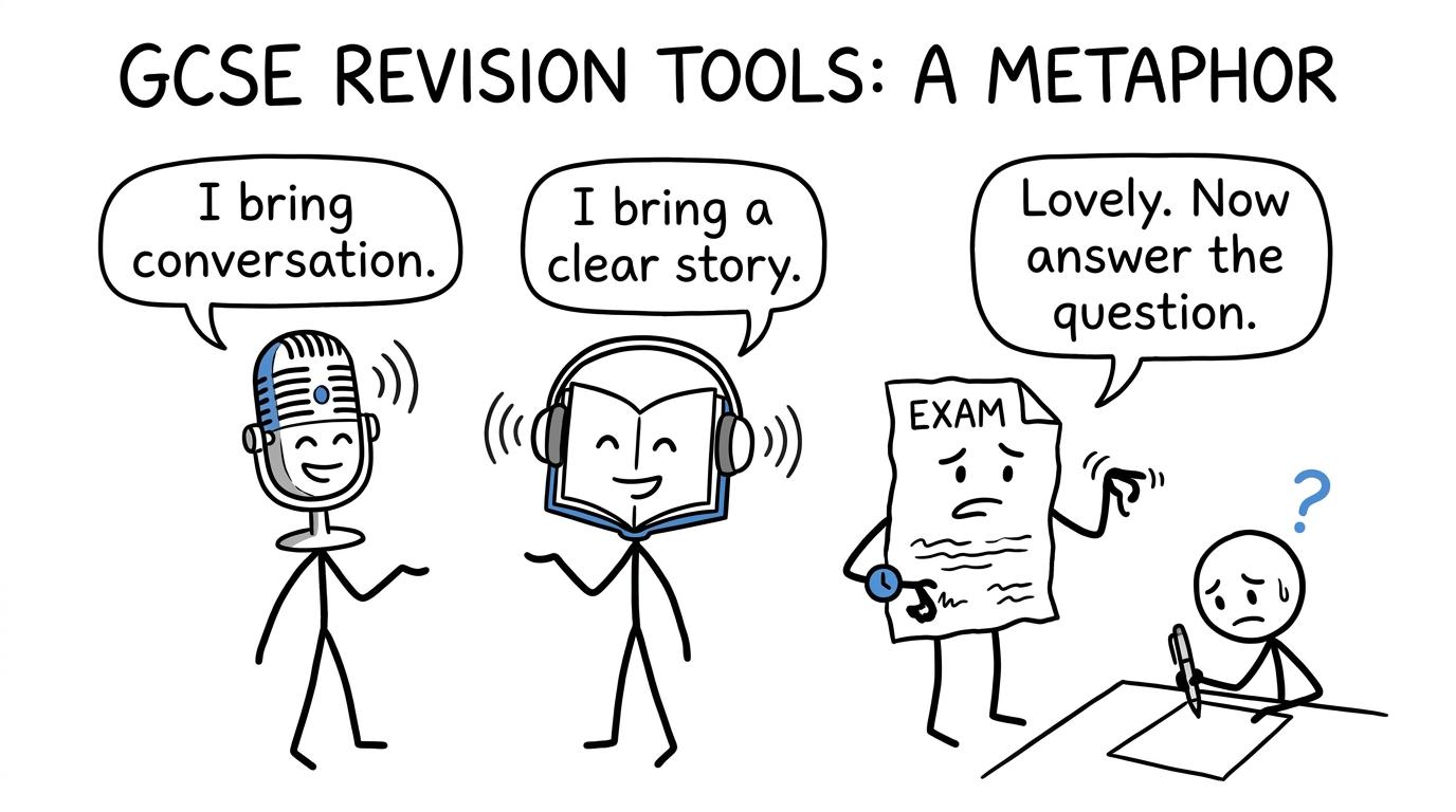 A podcast and audiobook meet an impatient exam paper