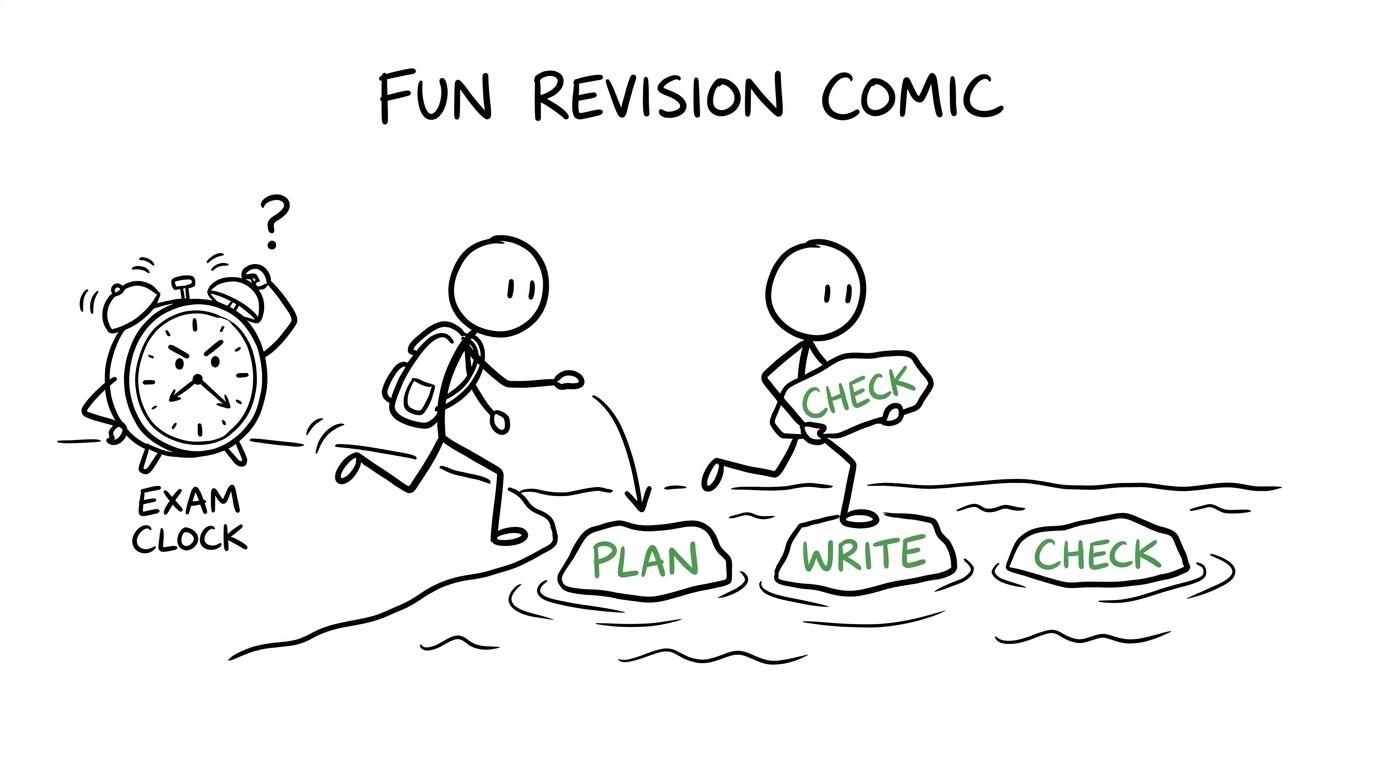 A calm student escapes a chasing exam clock by stepping across plan, write and check